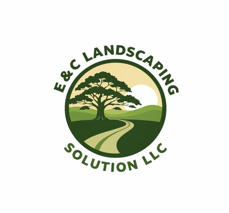 E&C Landscaping Solution LLC logo featuring a large tree and winding path in a circular landscape design